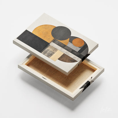 canvas art featuring abstract design with geometric shapes in shades of yellow, black, and gray displayed in a modern frame