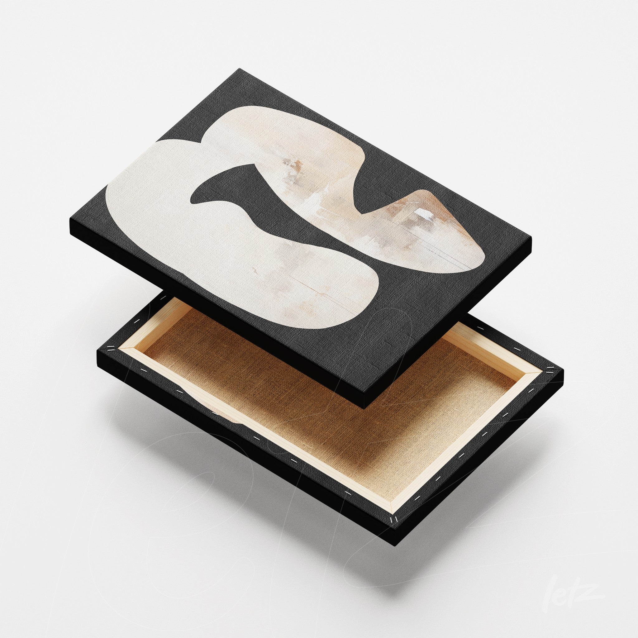abstract art panel featuring organic shapes on light background with black frame