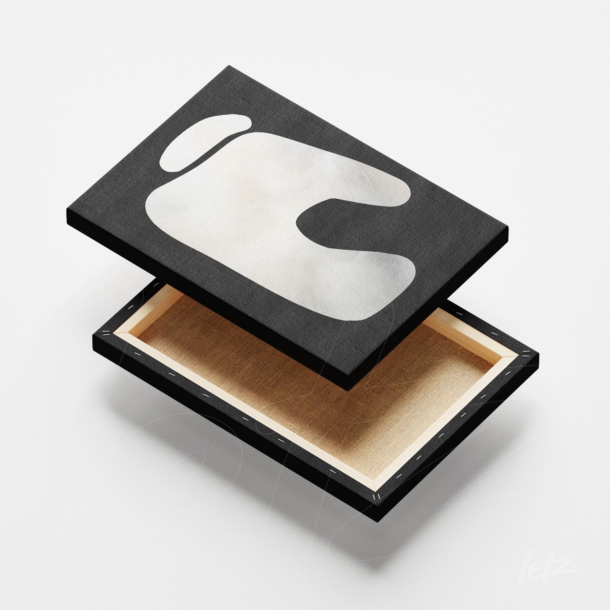 abstract canvas art featuring organic shapes in neutral tones on black background