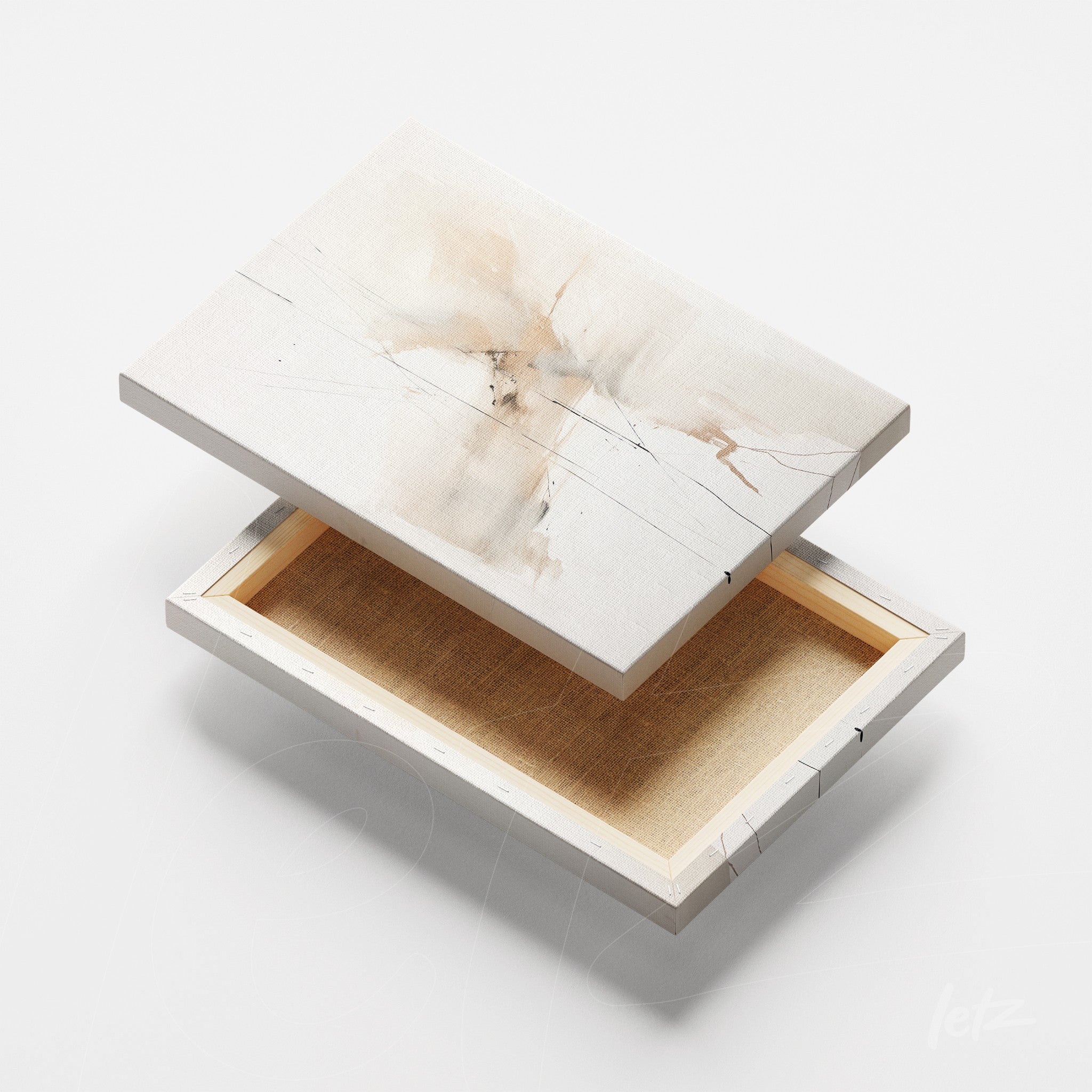canvas art featuring abstract design in neutral tones with golden accents and slim white frame