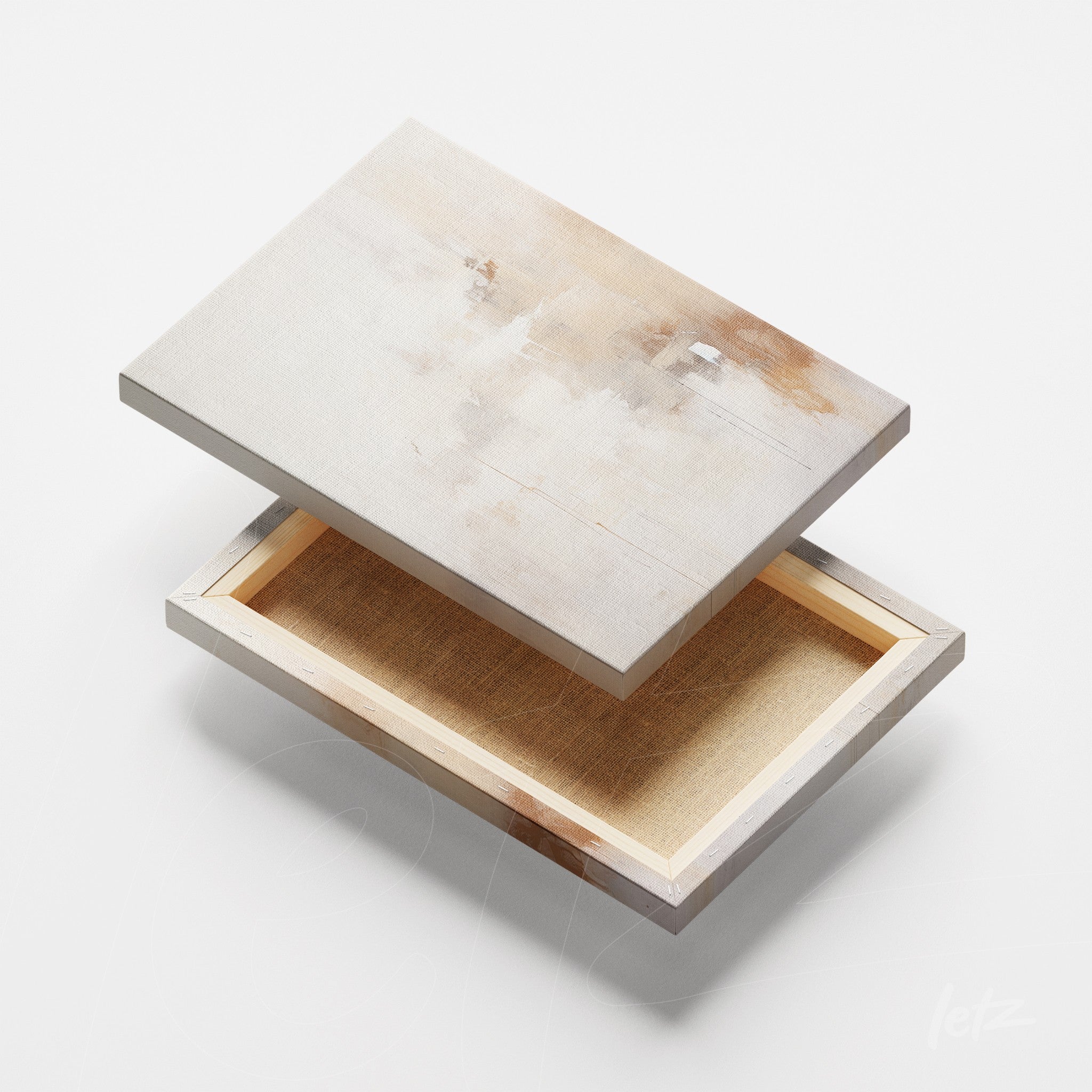 canvas print with subtle texture in beige and white tones displayed at an angle showing the frame