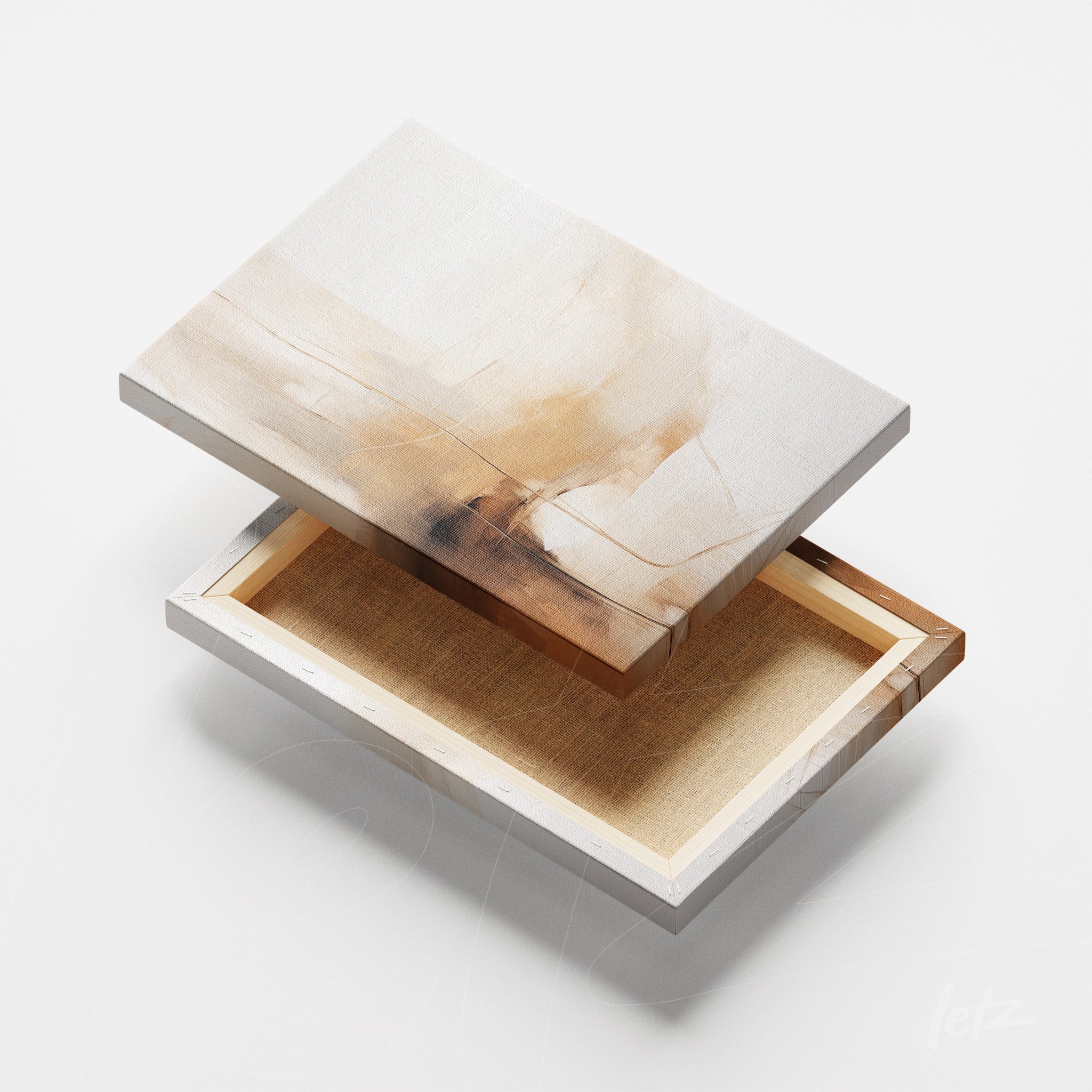 detail of canvas artwork featuring abstract design in shades of beige and brown