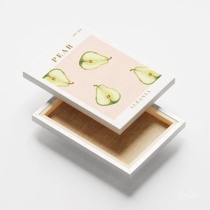 canvas wall art featuring green pears illustration on light pink background with white frame