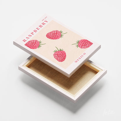 canvas art featuring raspberries on a light background with white frame