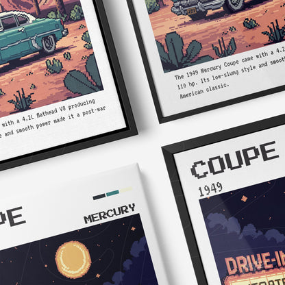 composition of framed pixel art prints featuring a 1949 mercury coupe with text details and black frames