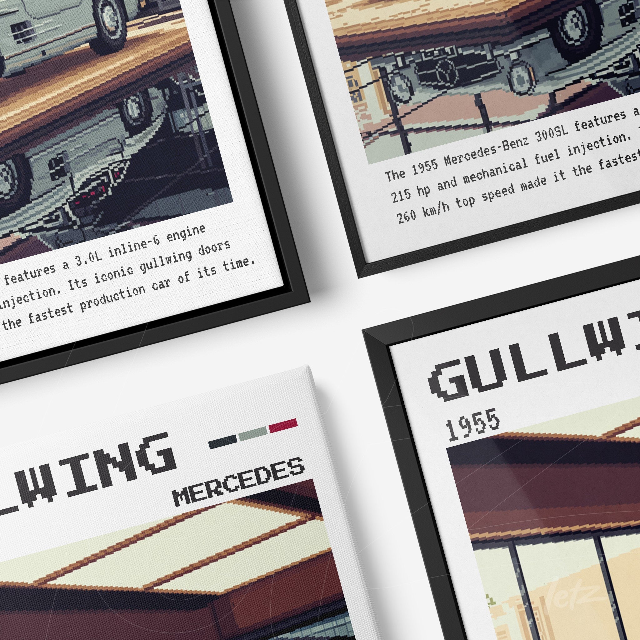 composition of retro wall art featuring the Mercedes-Benz 300SL Gullwing car with informational text in various frames