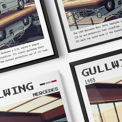 composition of retro wall art featuring the Mercedes-Benz 300SL Gullwing car with informational text in various frames