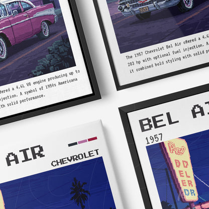 composition of pixel art wall prints featuring the 1957 Chevrolet Bel Air with car details and descriptive text in black frames