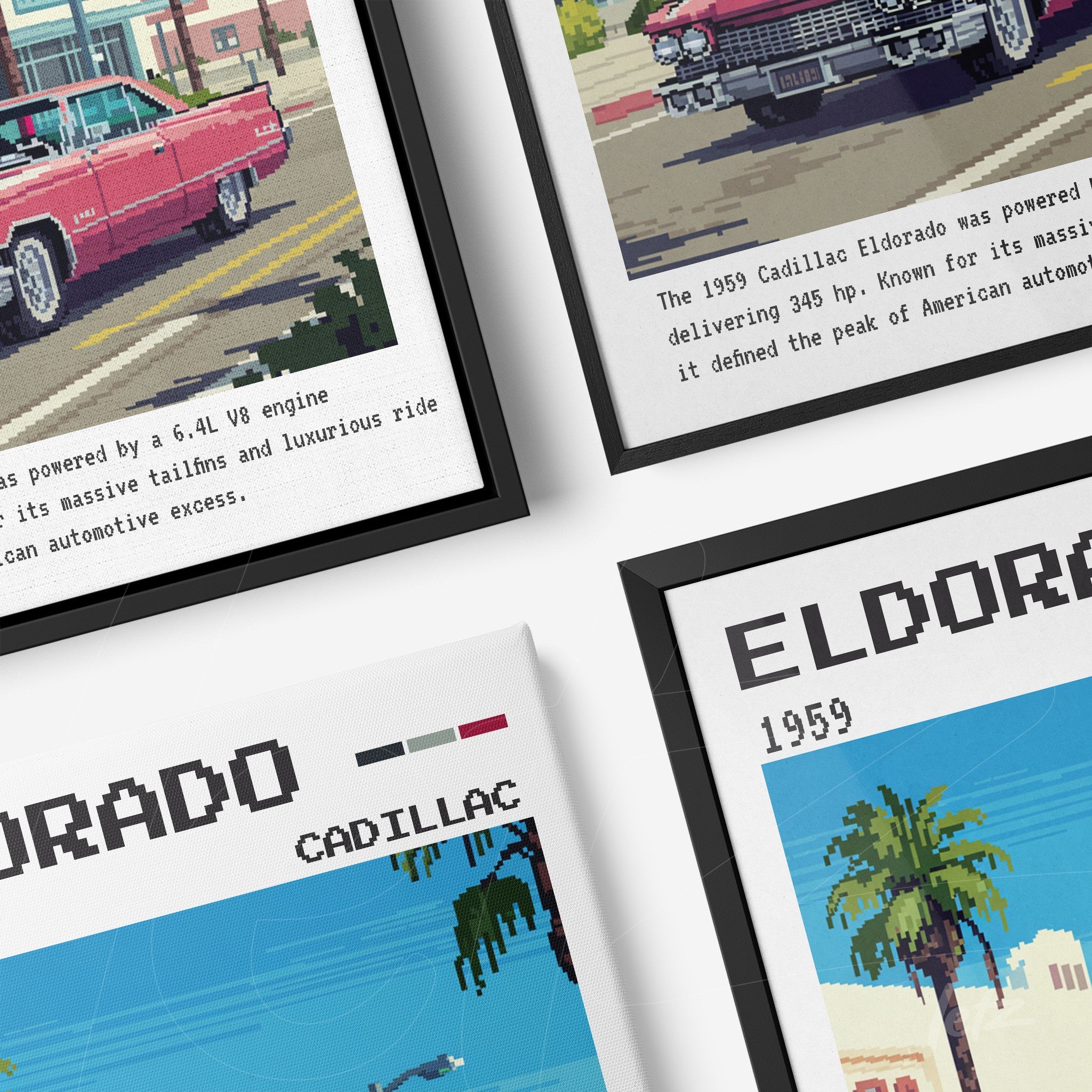 collection of framed wall art featuring digital illustration of 1959 Cadillac Eldorado in black frames, showcasing car details and urban background with palm trees