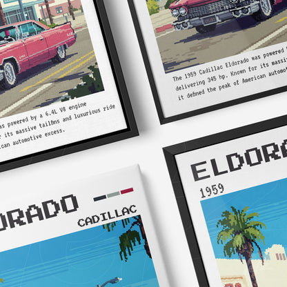 collection of framed wall art featuring digital illustration of 1959 Cadillac Eldorado in black frames, showcasing car details and urban background with palm trees