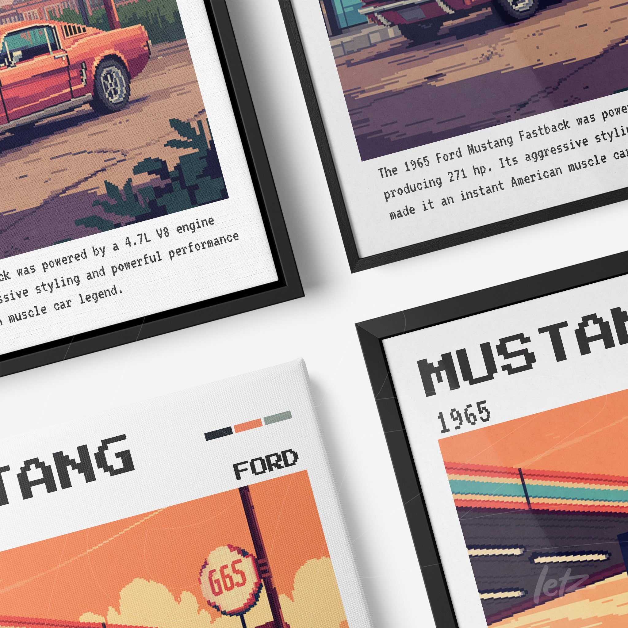 collection of framed artworks featuring classic Ford Mustang cars in retro style with vibrant colors and black and white frames