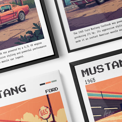 collection of framed artworks featuring classic Ford Mustang cars in retro style with vibrant colors and black and white frames