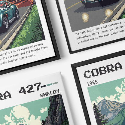 collection of framed digital art depicting classic cars including a shelby cobra 427 with black frames