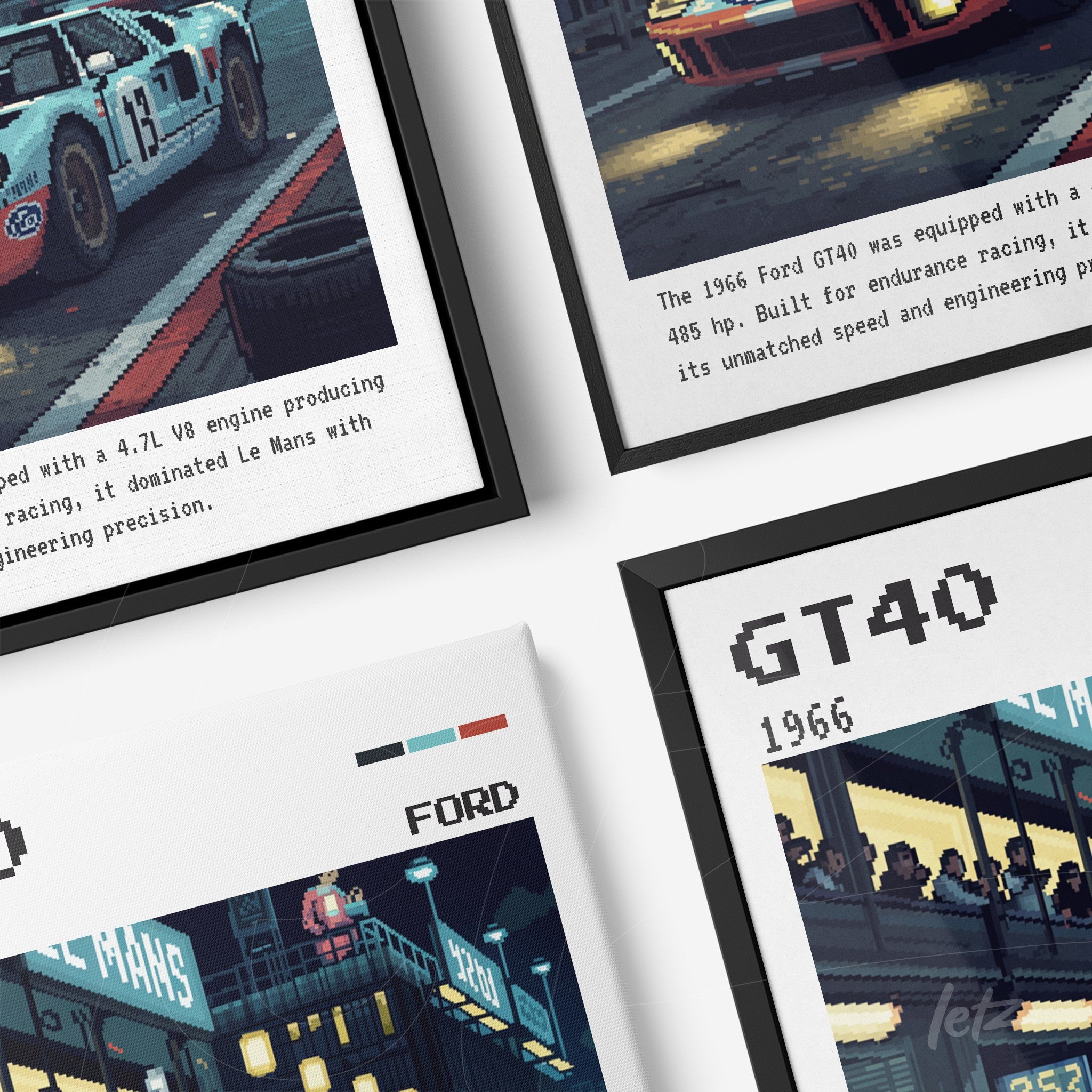 collection of framed pixel art prints featuring classic cars, including a Ford GT40, in black and white frames