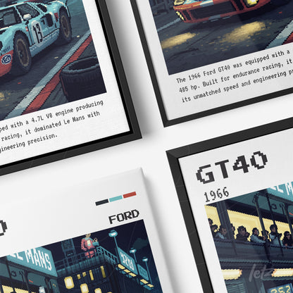 collection of framed pixel art prints featuring classic cars, including a Ford GT40, in black and white frames