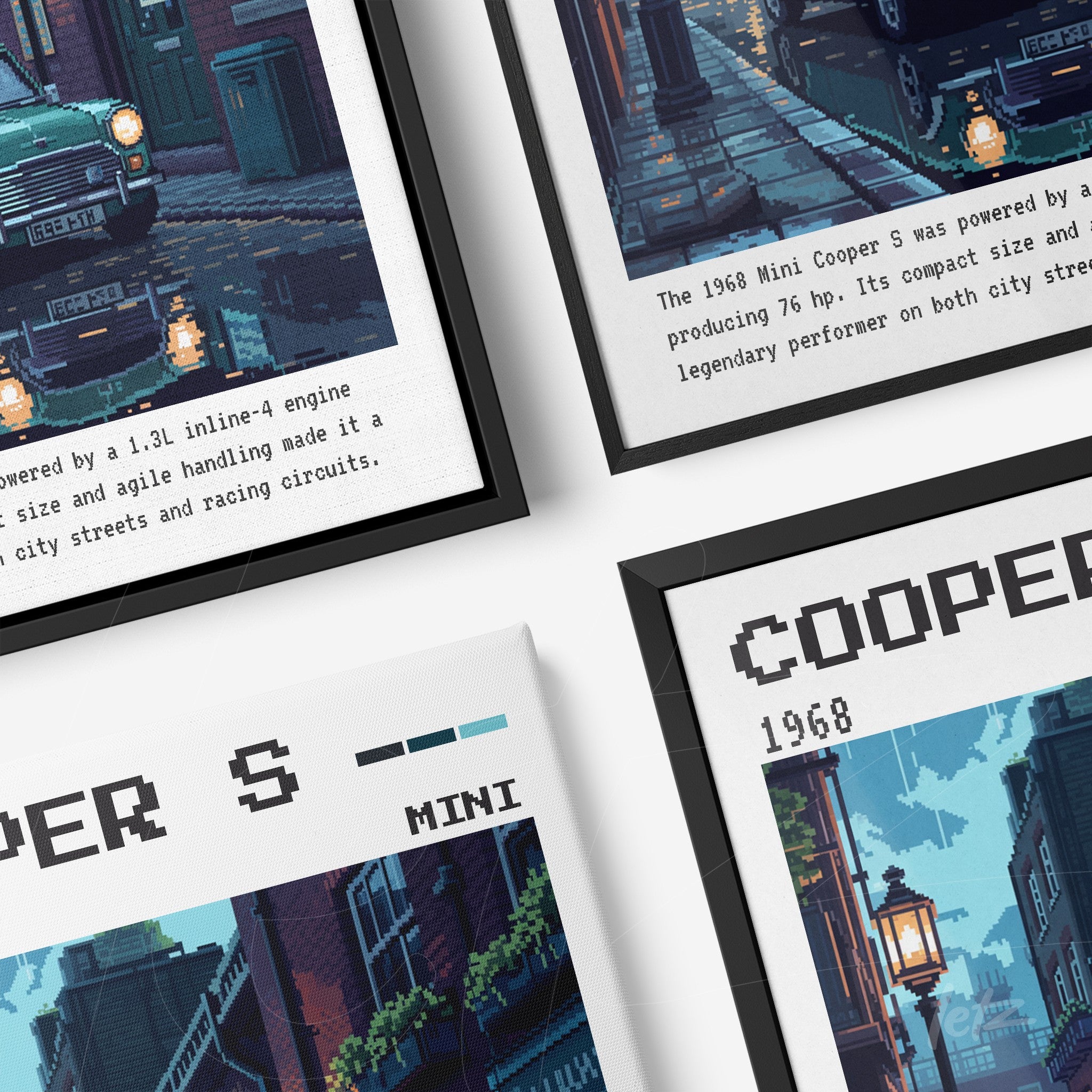 set of framed pixel art featuring mini cooper s in a city scene with illuminated street lamps in black and white frames