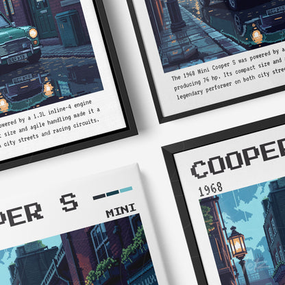 set of framed pixel art featuring mini cooper s in a city scene with illuminated street lamps in black and white frames