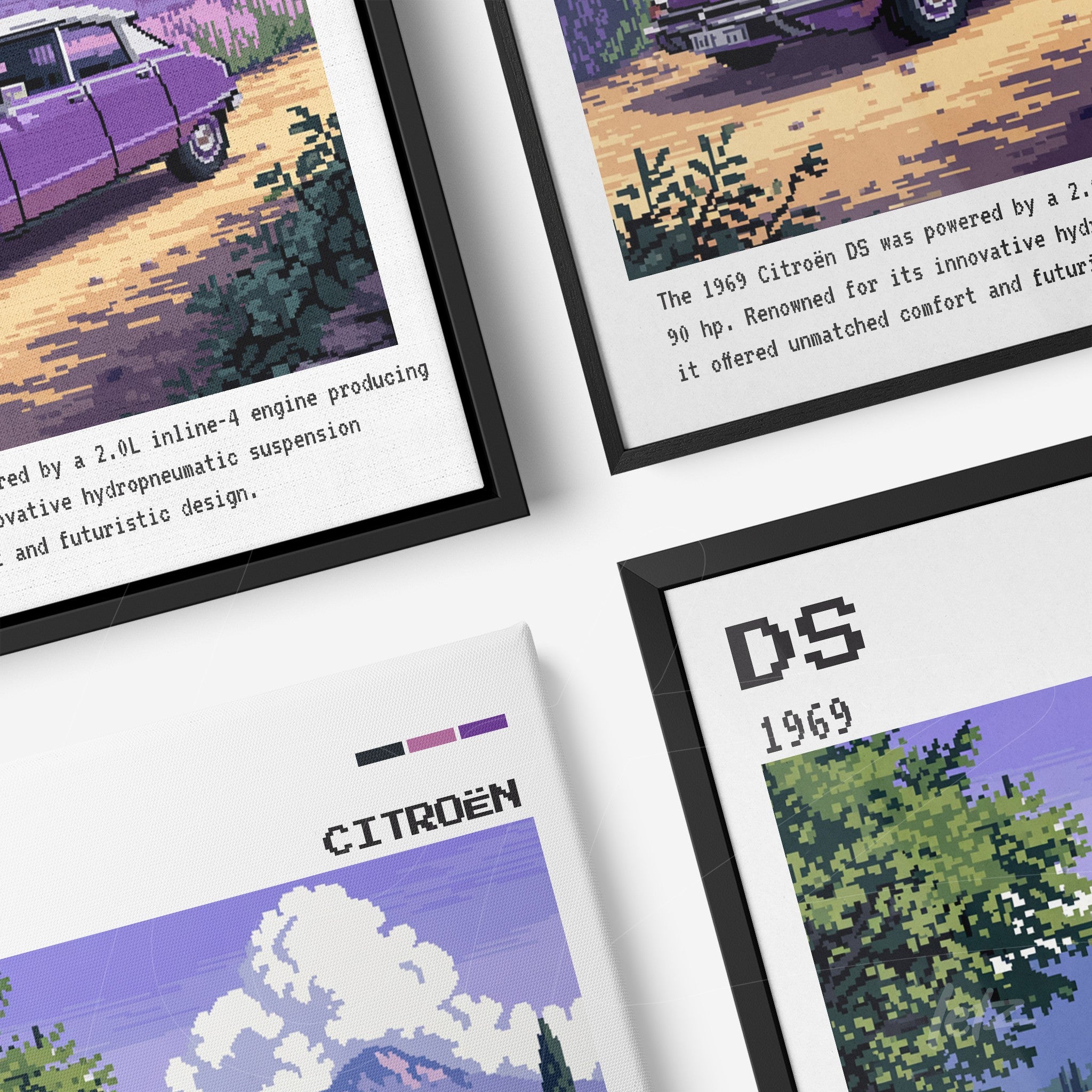 set of framed pixel art prints featuring the citroën ds car, showcasing black frames and retro design elements