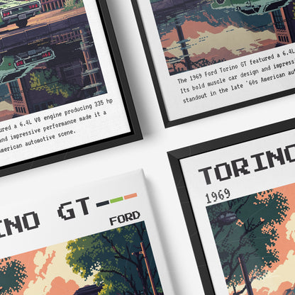composition of wall art featuring digital illustration of the 1969 Ford Torino GT in two different frame styles, showcasing the car in a nostalgic scene
