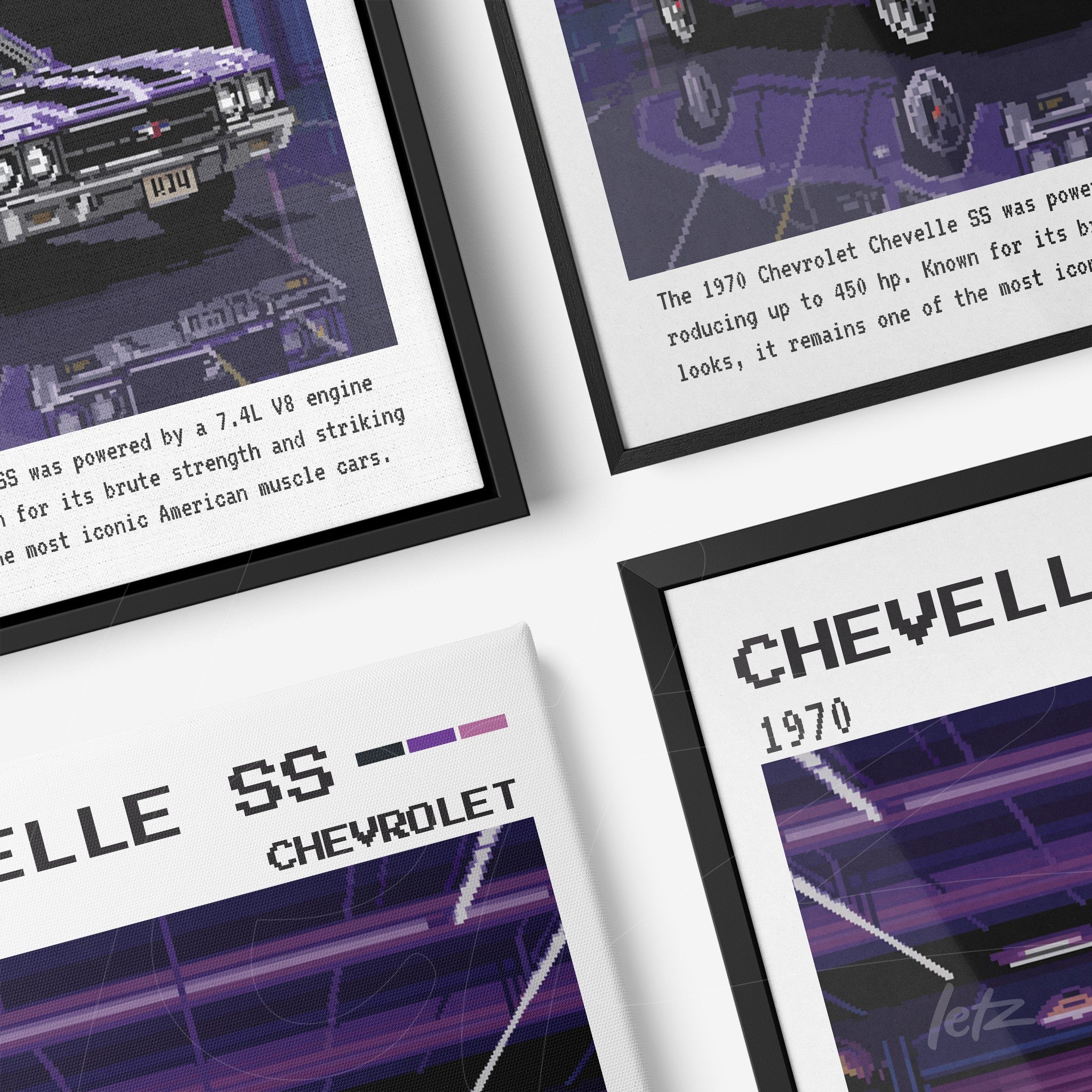 collection of framed wall art featuring digital illustrations of 1970 Chevelle SS cars in black frames
