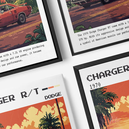 composition of framed wall art featuring vintage cars with emphasis on the 1970 Dodge Charger R/T and retro style design