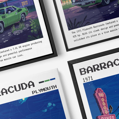 series of pixel art frames featuring the 1971 Plymouth Barracuda car, with black frames and retro elements in the background