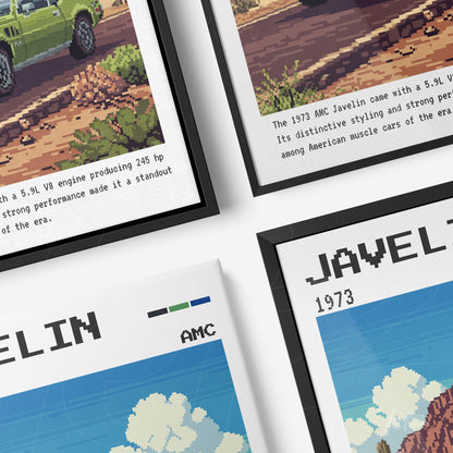 set of framed pixel art prints of the 1973 AMC Javelin showcasing vibrant landscapes in a retro style