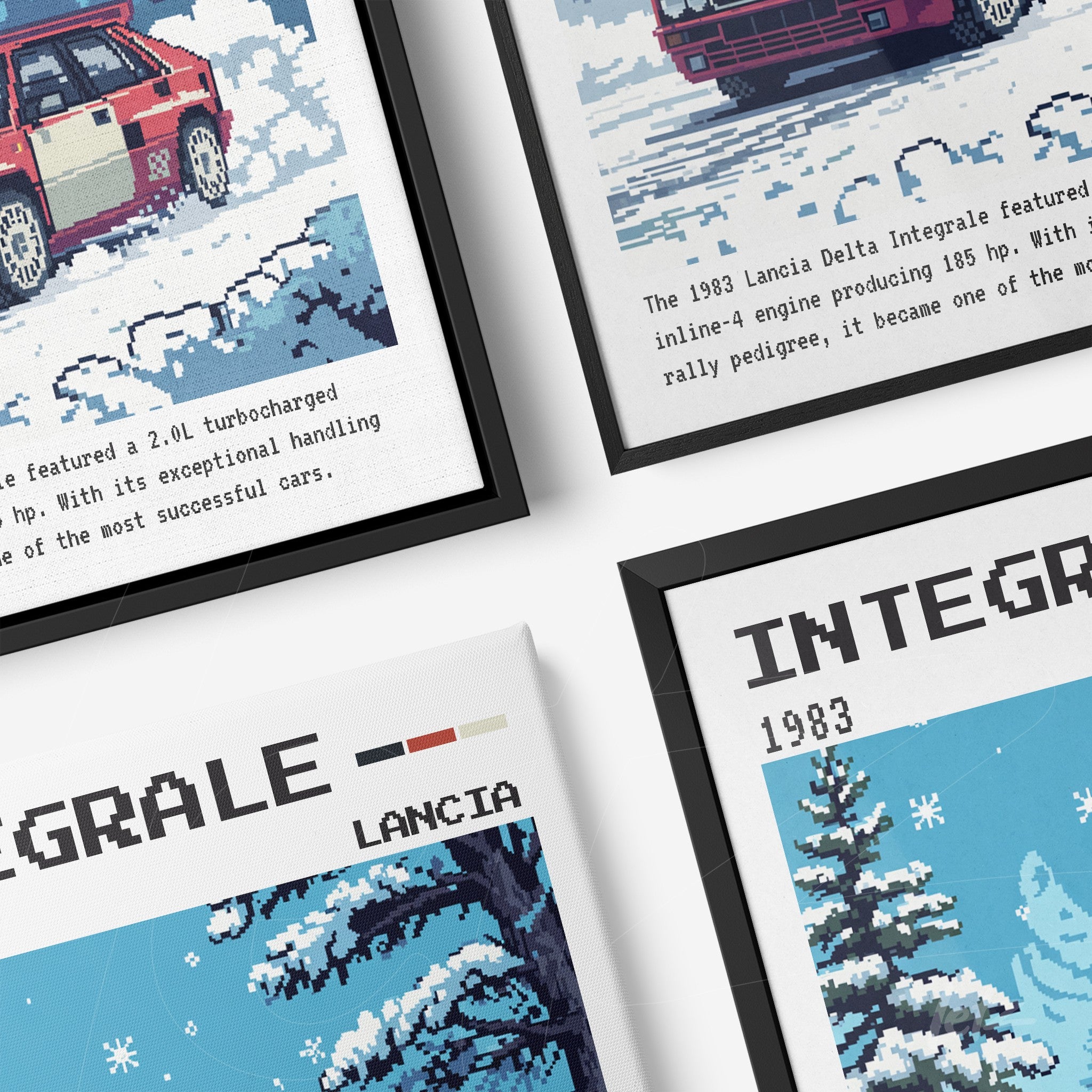 collection of decorative frames featuring pixel art illustrations of Lancia Delta Integrale car set in a winter scene with black and white frames