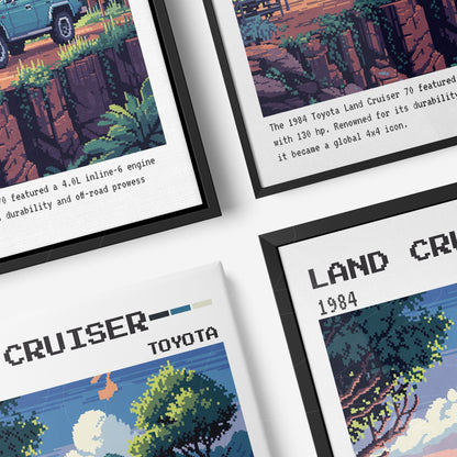 retro style collection of pixelated illustrations of the 1984 Toyota Land Cruiser, in black and white frames