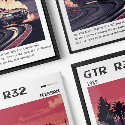 composition of framed pixel art featuring the 1989 nissan skyline gt-r r32 in black frames, showcasing details of the car