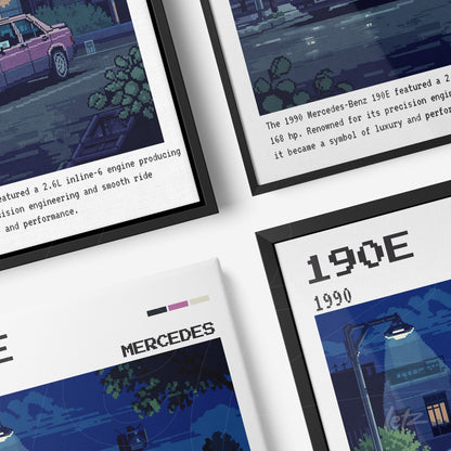 collection of framed wall art featuring pixelated illustrations of Mercedes-Benz 190E, black frames, set against a night background with soft lighting