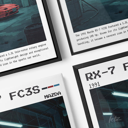 collection of wall art featuring digital illustrations of the Mazda RX-7 FC3S with black and white frames, gray background