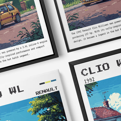 framed wall art featuring pixel art of Renault Clio Williams with black frames, showcasing descriptive text and images of the car in urban landscapes