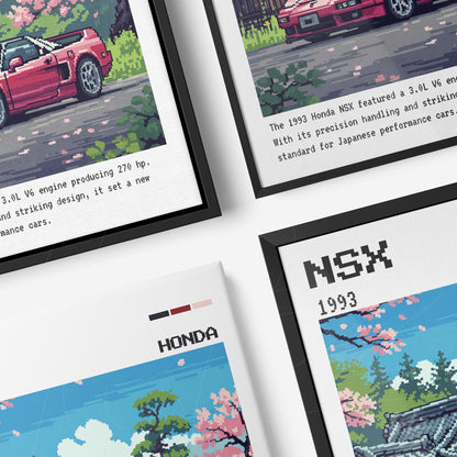 series of pixel art wall art featuring the Honda NSX sports car in various compositions with cherry blossom backgrounds and urban elements