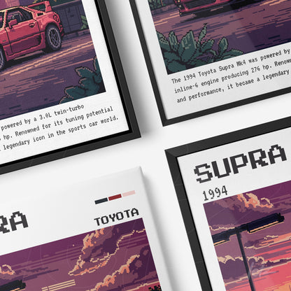 composition of framed wall art featuring digital illustration of the Toyota Supra MK4, showcasing car details and informative retro-style text