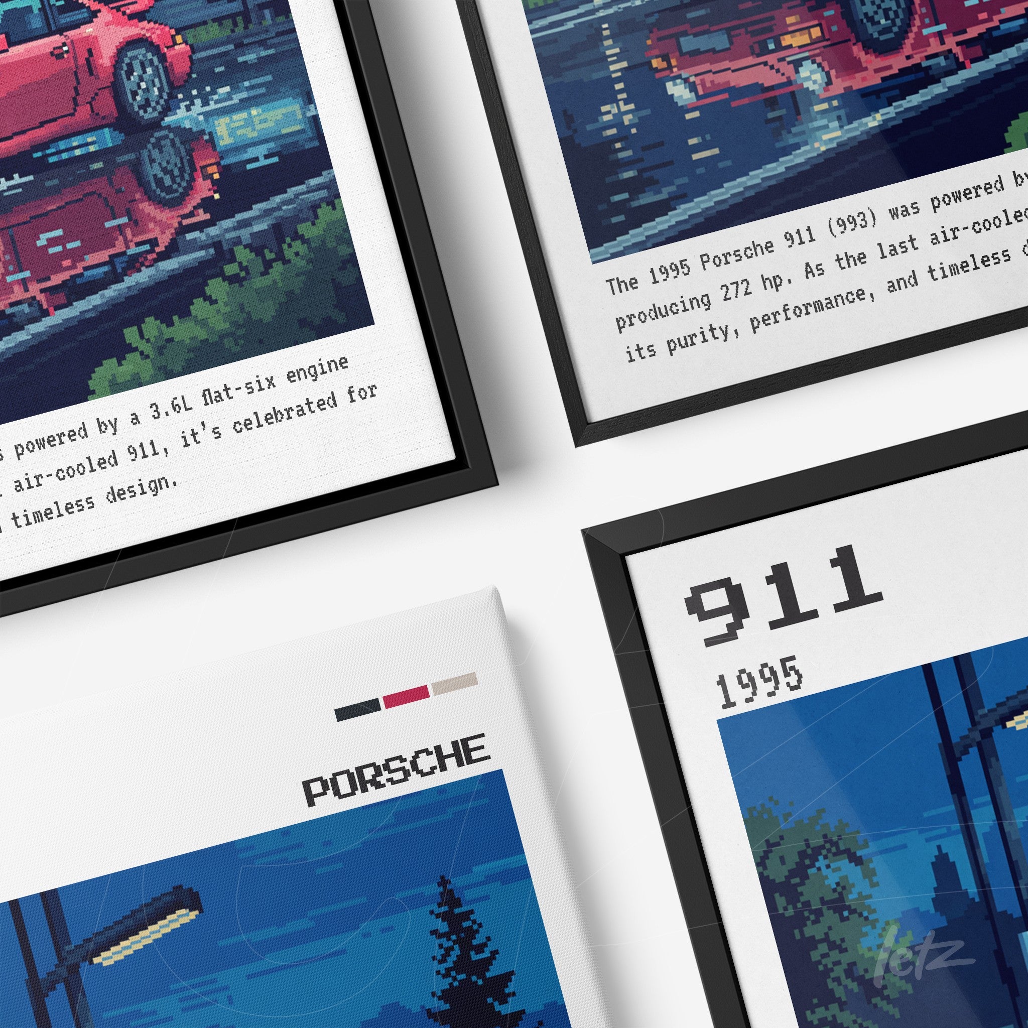 composition of framed pixel art featuring the 1995 Porsche 911 with black and white frames against an urban night scene