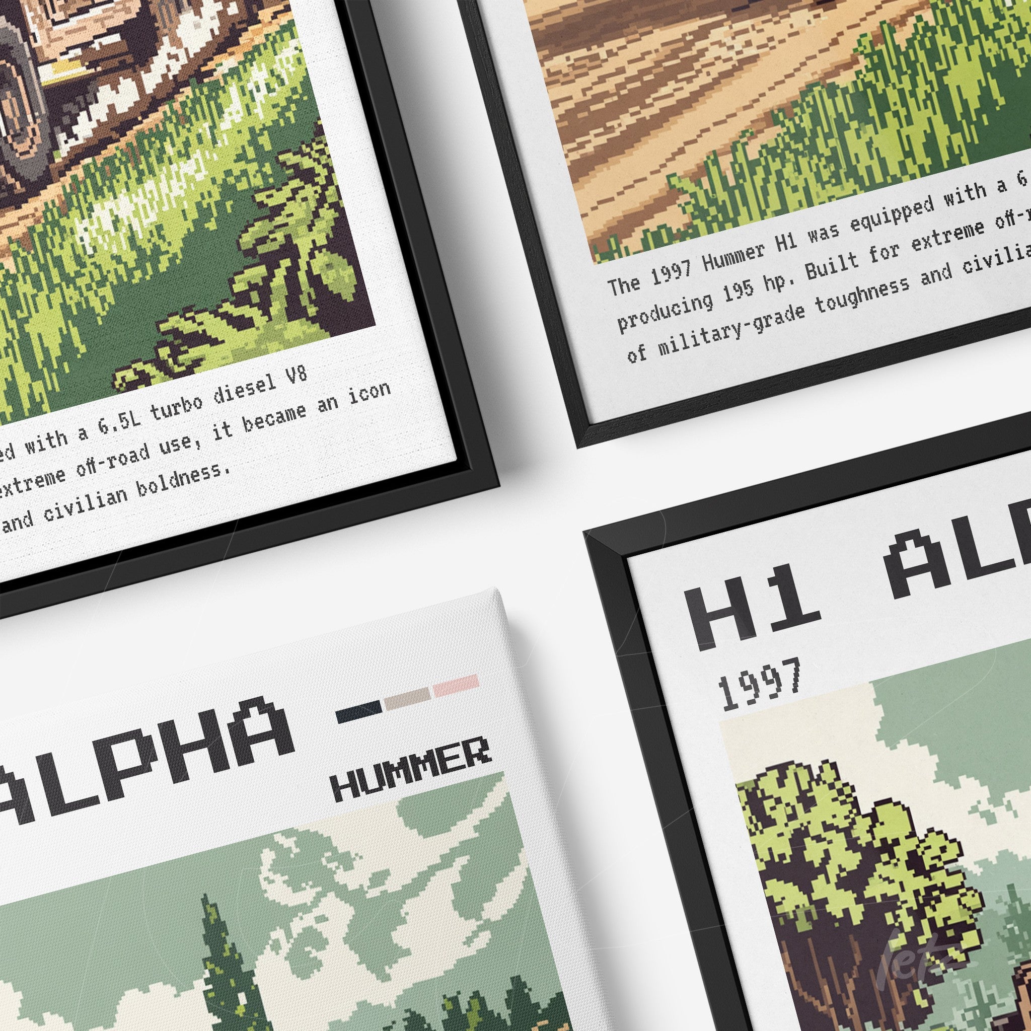 set of retro wall art pieces featuring pixelated graphics of the Hummer, displayed in black frames
