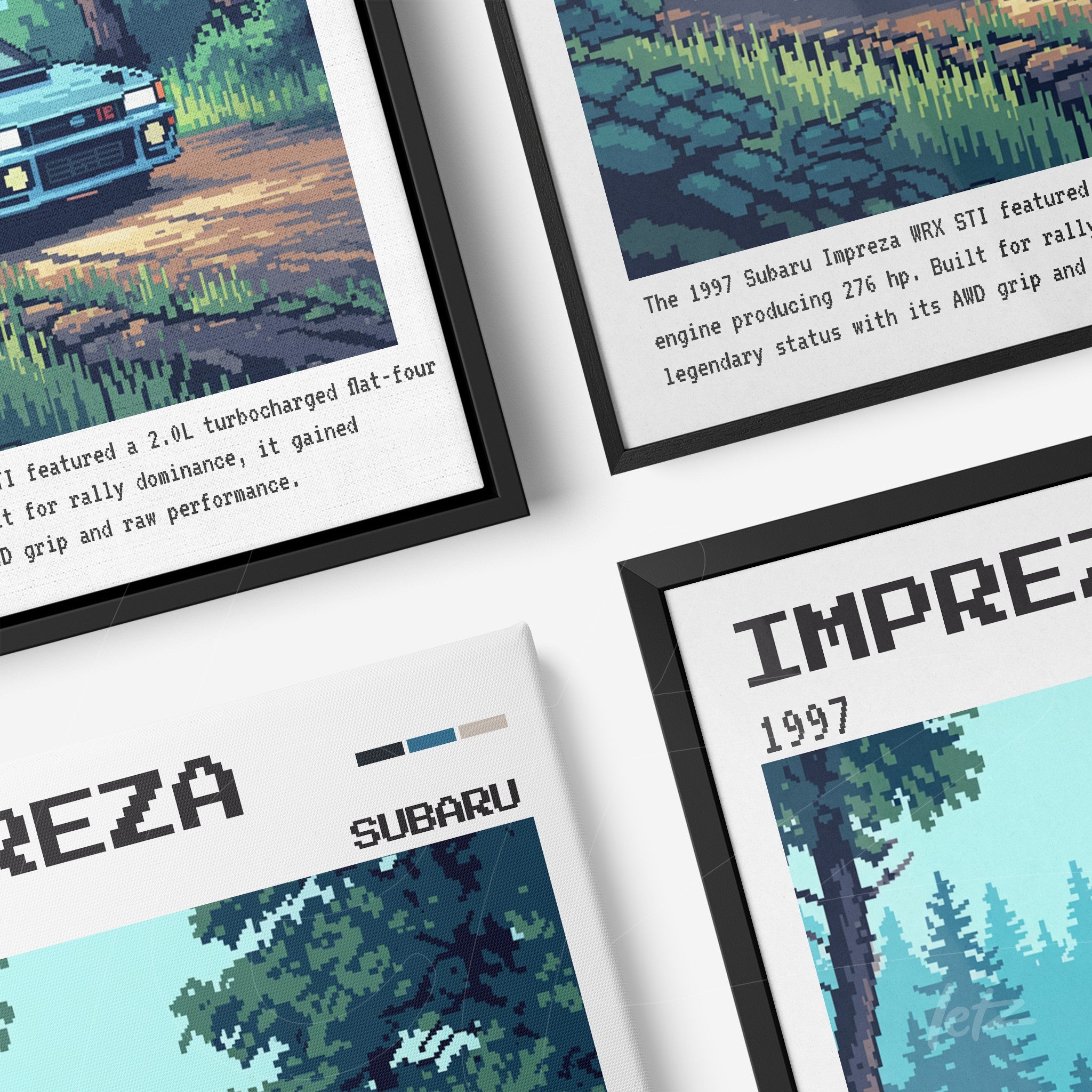 composed framed pixel art of the Subaru Impreza WRX STI with black frames, featuring details of the landscape and vehicle information