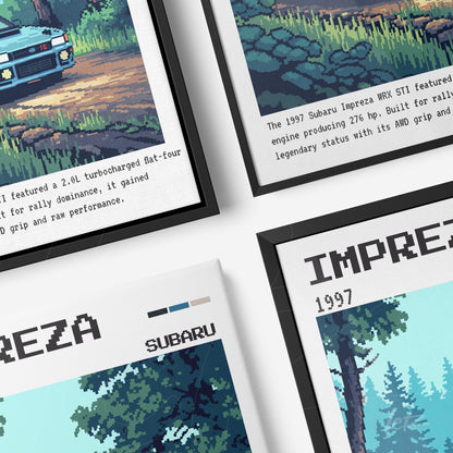 composed framed pixel art of the Subaru Impreza WRX STI with black frames, featuring details of the landscape and vehicle information