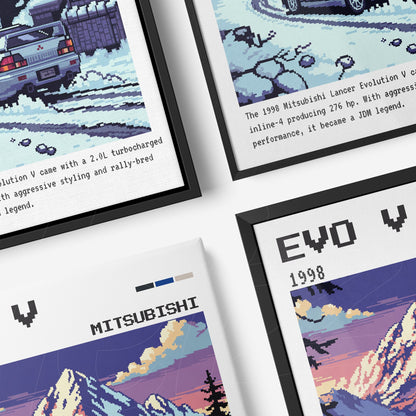 collection of framed pixel art featuring Mitsubishi cars, highlighting the Lancer Evolution V in a snowy landscape with mountains in the background