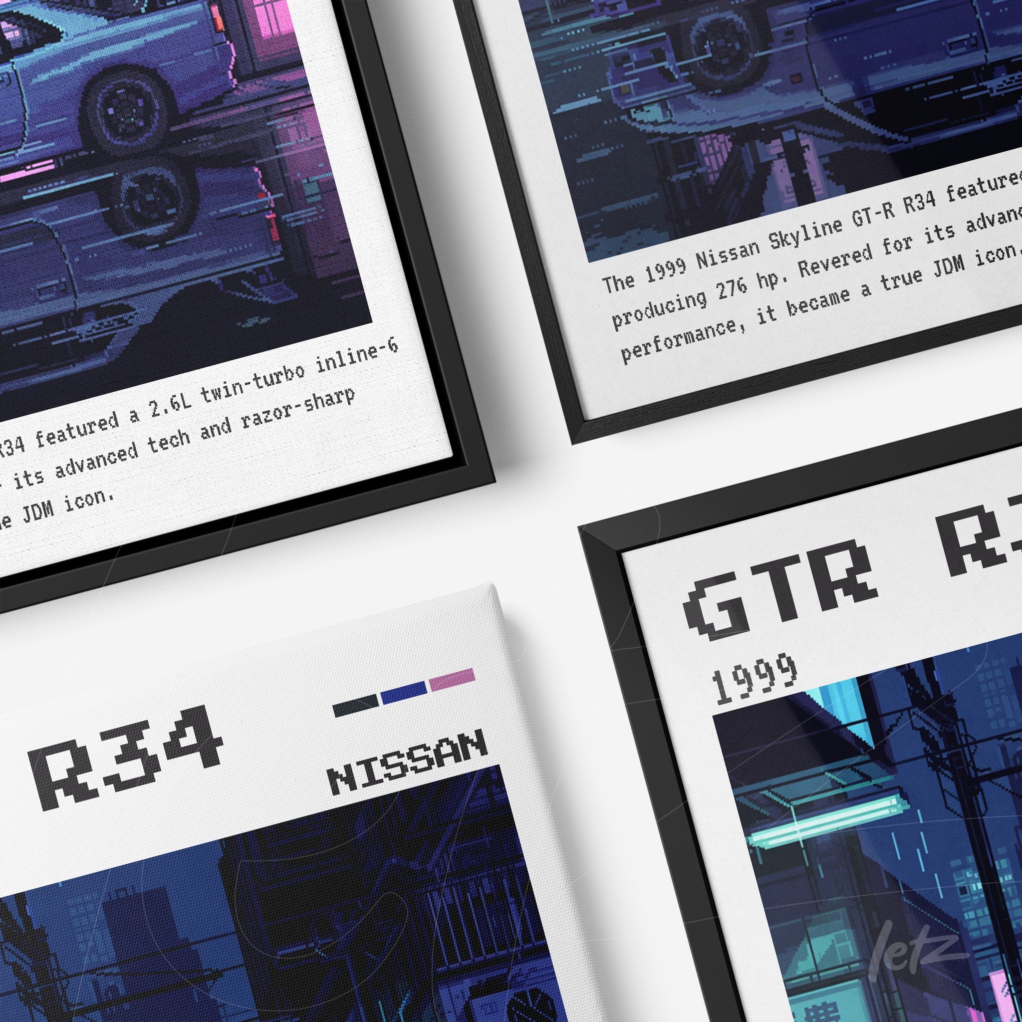 collection of framed prints depicting Nissan Skyline GT-R illustrations in R34 and R33 versions, featuring black and white frames with blue accents