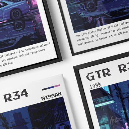 collection of framed prints depicting Nissan Skyline GT-R illustrations in R34 and R33 versions, featuring black and white frames with blue accents