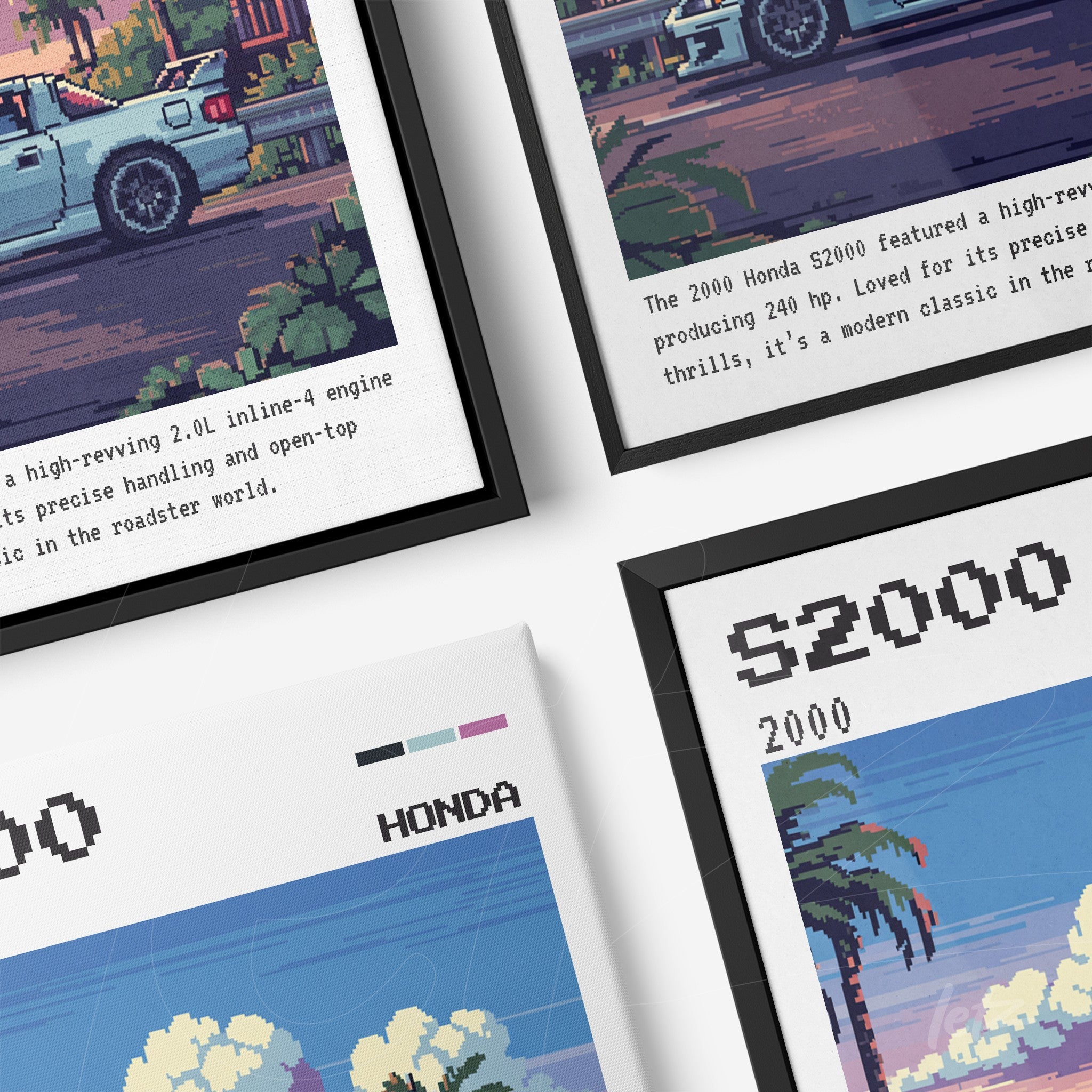 collection of framed wall art featuring digital illustrations of classic cars in vibrant retro colors
