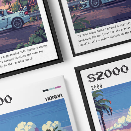 collection of framed wall art featuring digital illustrations of classic cars in vibrant retro colors