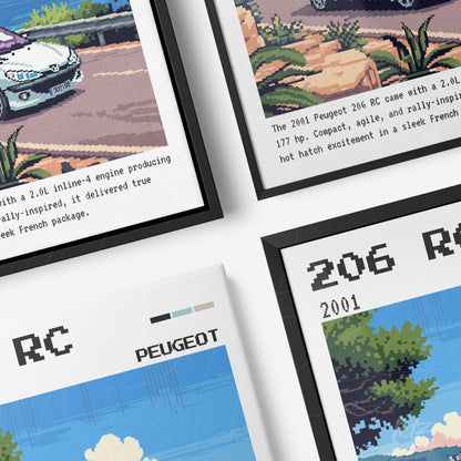 set of framed artworks featuring the stylized Peugeot 206 RC, black frames with vibrant color backgrounds