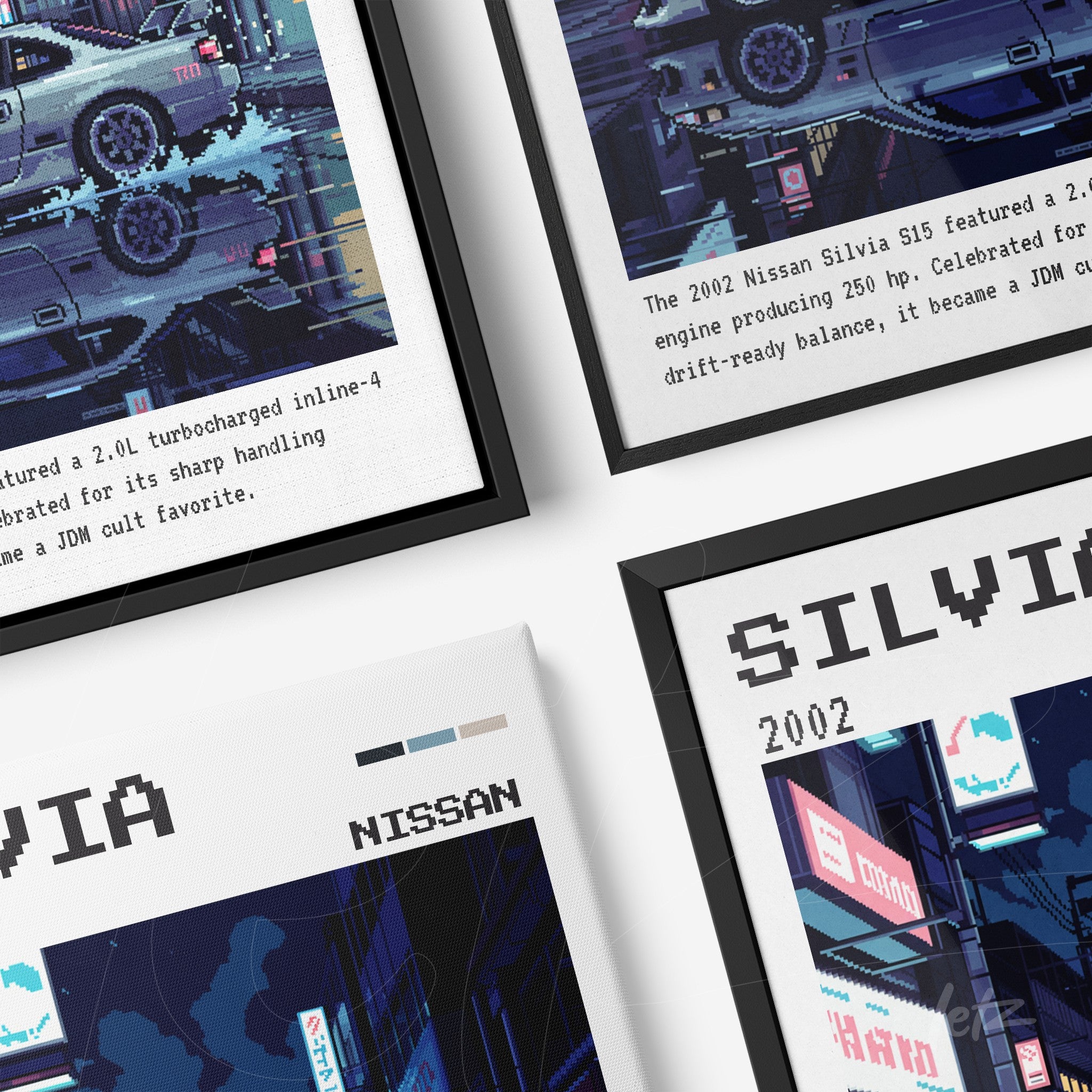 collection of framed artworks featuring the Nissan Silvia with automotive design details and black frames