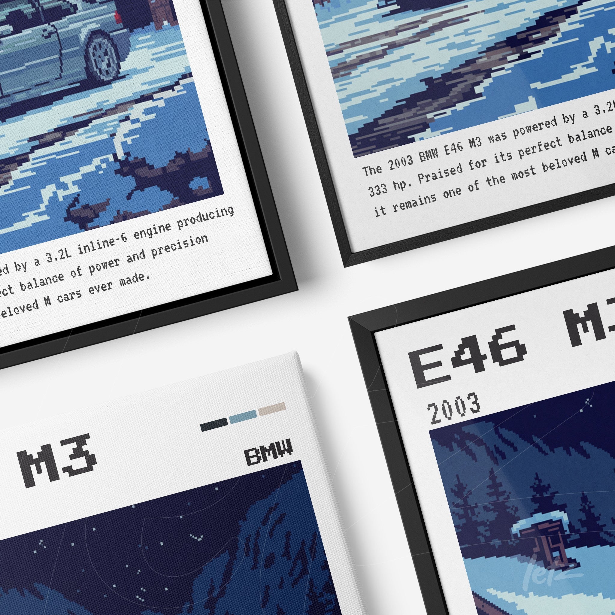 composition of framed pixel art showcasing the BMW M3 E46 in black and white frames