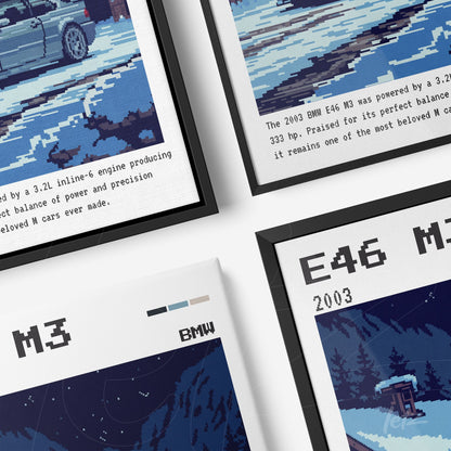 composition of framed pixel art showcasing the BMW M3 E46 in black and white frames