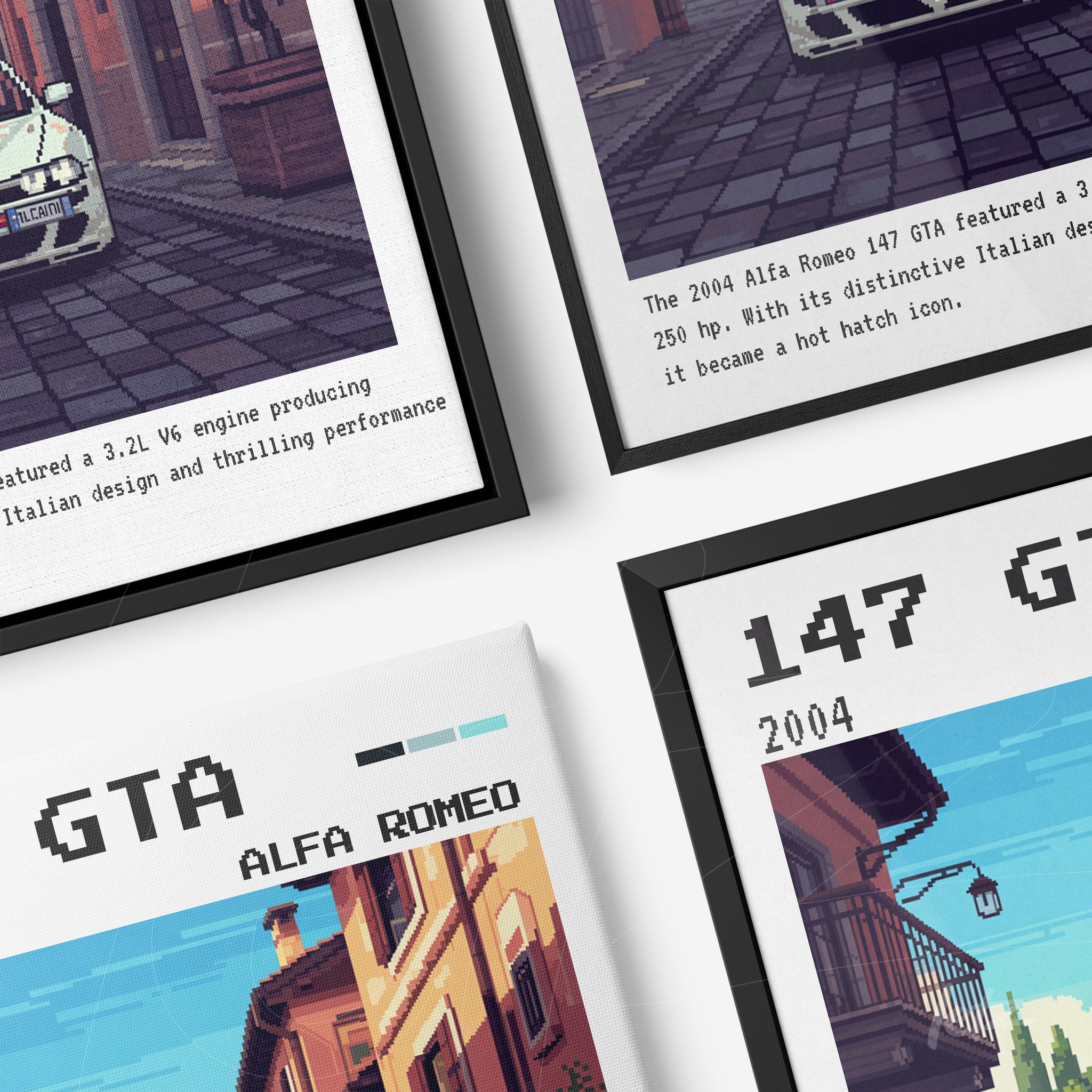 composition with two framed artworks showcasing an alfa romeo 147 gta and pixel art design elements on a retro background