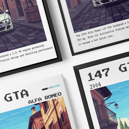 composition with two framed artworks showcasing an alfa romeo 147 gta and pixel art design elements on a retro background